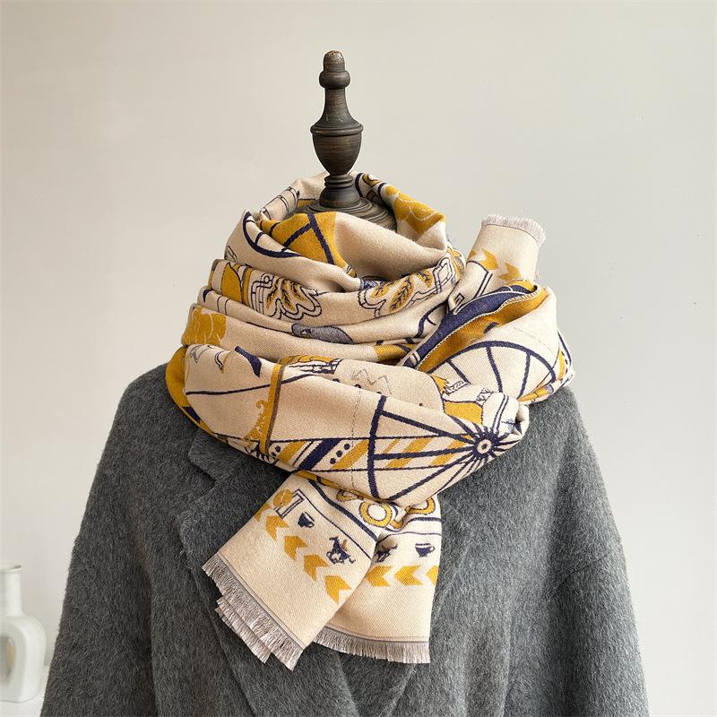 2024 Autumn/Winter New Color Blocked Imitation Cashmere Women'S Tassel Shawl Thickened Warm Double Sided Jacquard Wool Scarf