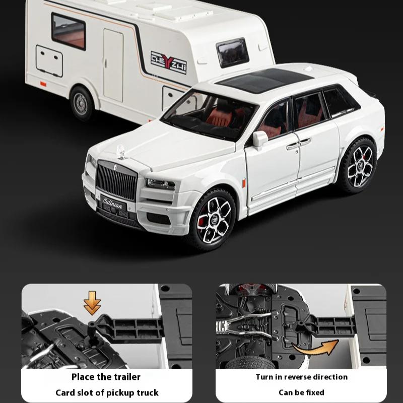 1/20 Scale Rolls Royce Cullinan Trailer RV Camping Van Diecast Model Alloy Metal Car Sound & Light Pull Back Home Display Ornament Boy