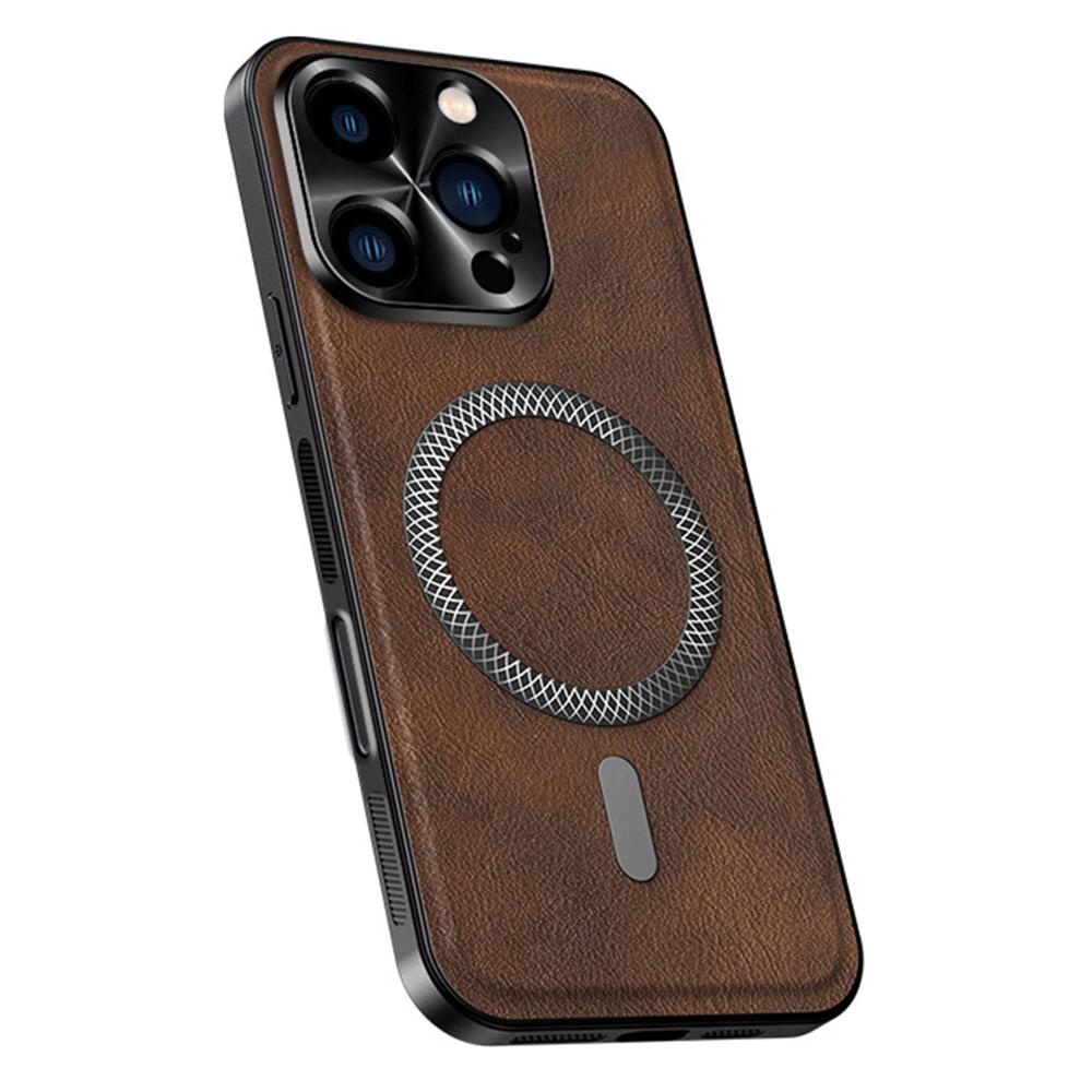 For iPhone 16 Pro Case Compatible with MagSafe PU TPU PC Phone Back Cover with Metal Lens Frame