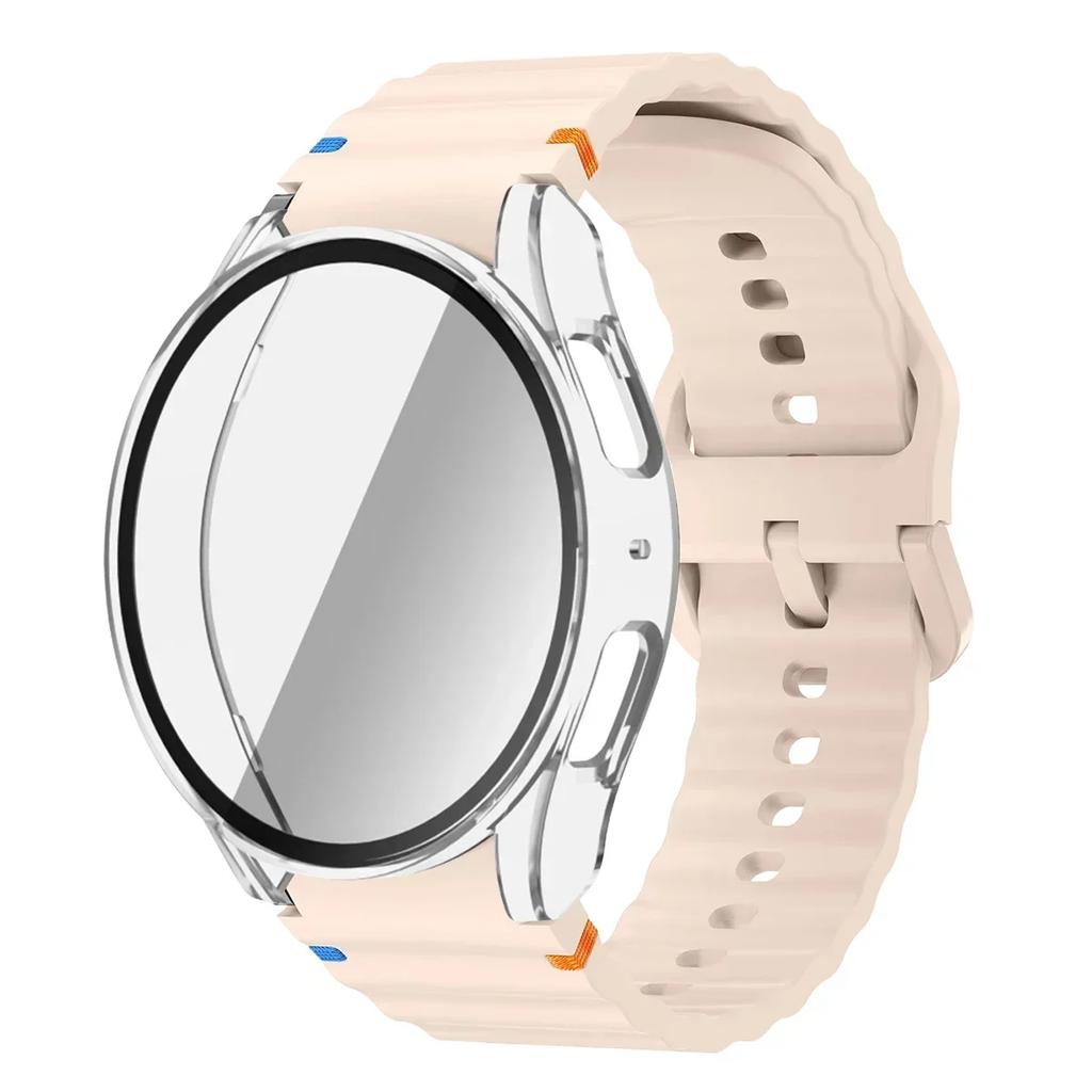 Чехол+Ремешок для Samsung Galaxy Watch 7 6 5 4 40мм 44мм Силиконовый Браслет Защитная Пленка для Экрана из Закаленного Стекла Бампер