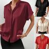 Модная однотонная атласная повседневная рубашка с коротким рукавом, женские летние топы, элегантные простые блузки с воротником-стойкой, женские узкие офисные рубашки на пуговицах 26558