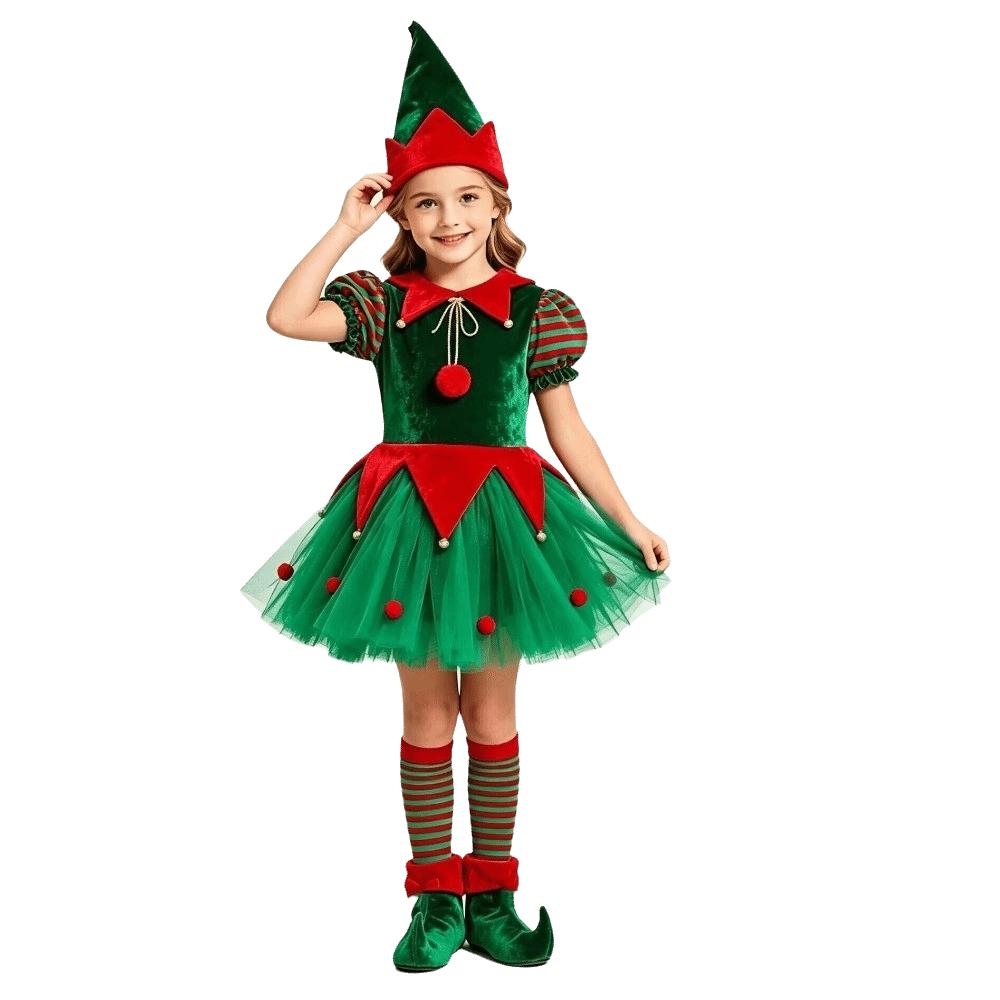 Long Sleeve Children's Elf Outfits Role Playing Elf Dress Suit for Girls Christmas