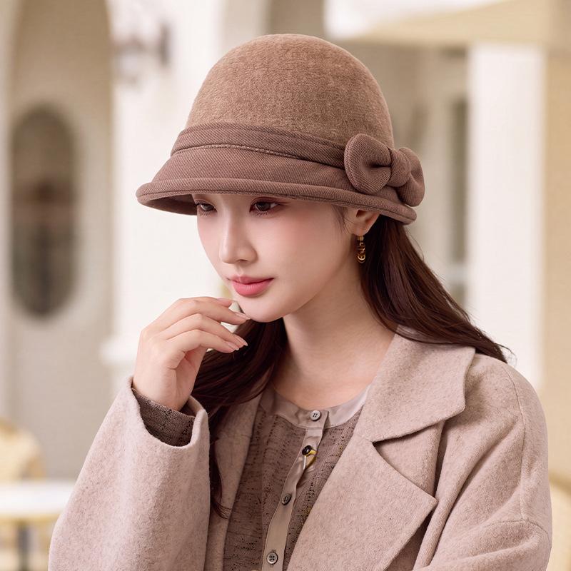 Temperament simple bucket hat autumn and winter bow decorative basin hat gentle intellectual versatile hat women's