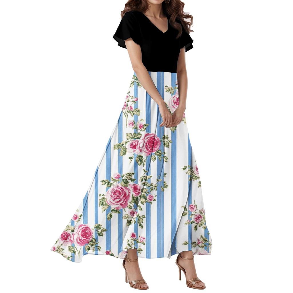 Женское свободное повседневное платье с V-образным вырезом, короткими рукавами, высокой талией и цветочным принтом Платье с цветочным принтом