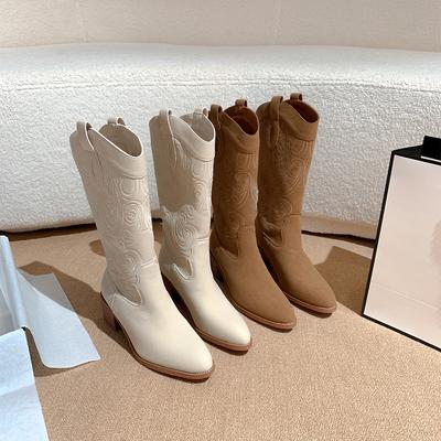 Винтажные вышитые ковбойские сапоги в стиле вестерн с V-образным вырезом, тонкие, длинные байкерские сапоги на высоком каблуке, высокие сапоги на толстом каблуке для женщин