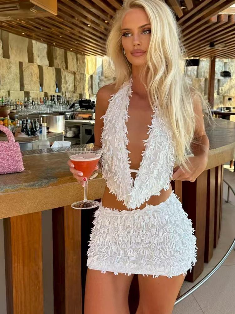 Европейский и американский сексуальный комплект с халтером, V-образным вырезом и облегающей короткой юбкой для женщин