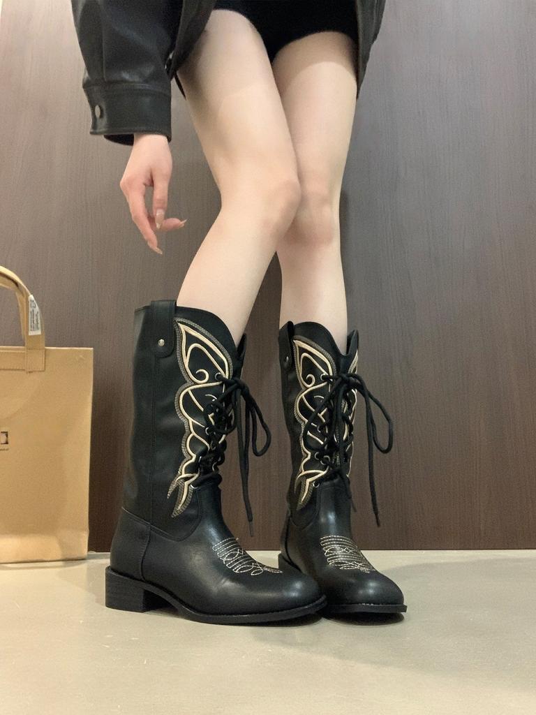 Coarse Heel Retro Knight Boots Western Cowboy Boots Women's Shoes Autumn and Winter 2025 New Cross-lace-up Martin Boots Long Boots