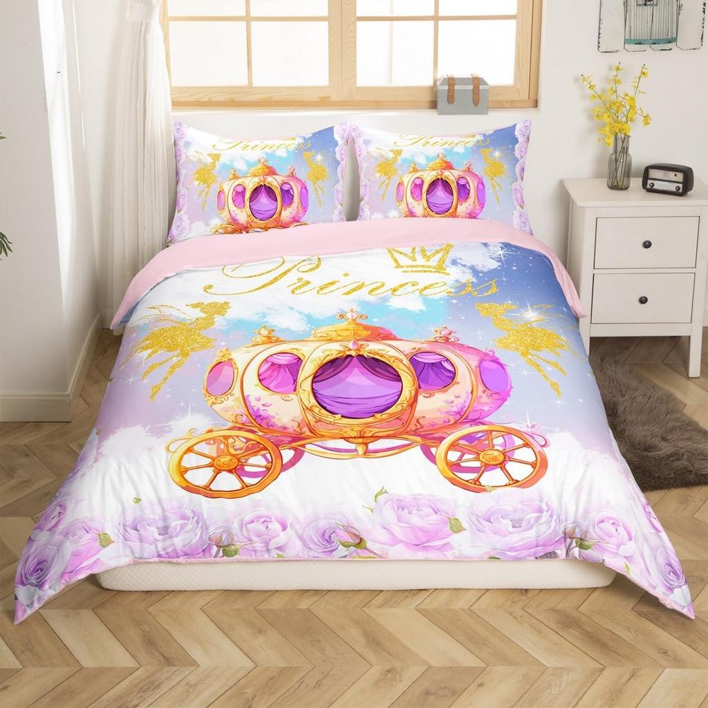 Fairy Tale Castle Bedding Set Twin QueenGirly Golden Castle Silhouette Duvet CoverBlooming Flowers Botanical Comforter Cover