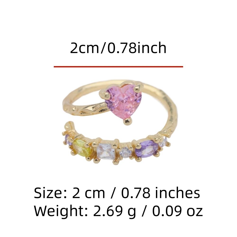 Trendy Double Heart Zirconia Open Rings, Golden Tone Adjustable Finger Ring for Party & Daily Wear
