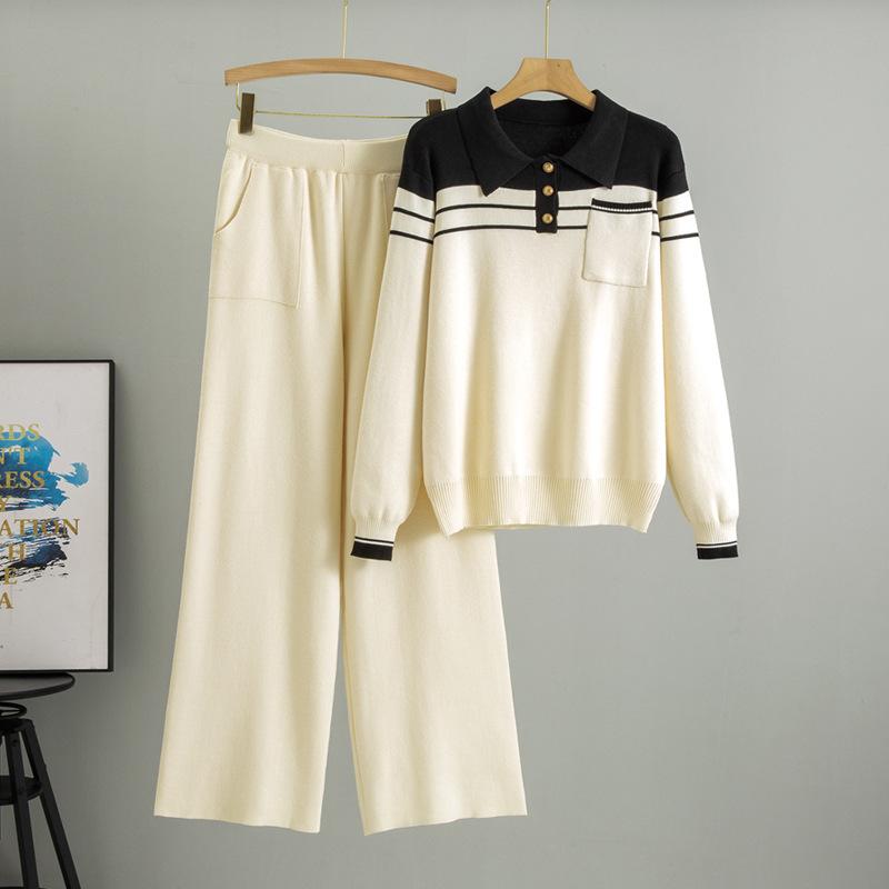 Женский свитер в полоску большого размера, весенний, новый, свободный, модный, повседневный, трикотажные брюки с широкими штанинами, комплект из двух предметов