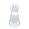 Kids Girls Dance Leotard Sleeveless Mesh Patchwork Sequins Tassel Hem Bodysuit for Latin Jazz Dance