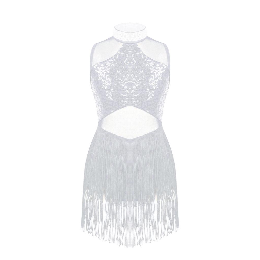 Kids Girls Dance Leotard Sleeveless Mesh Patchwork Sequins Tassel Hem Bodysuit for Latin Jazz Dance