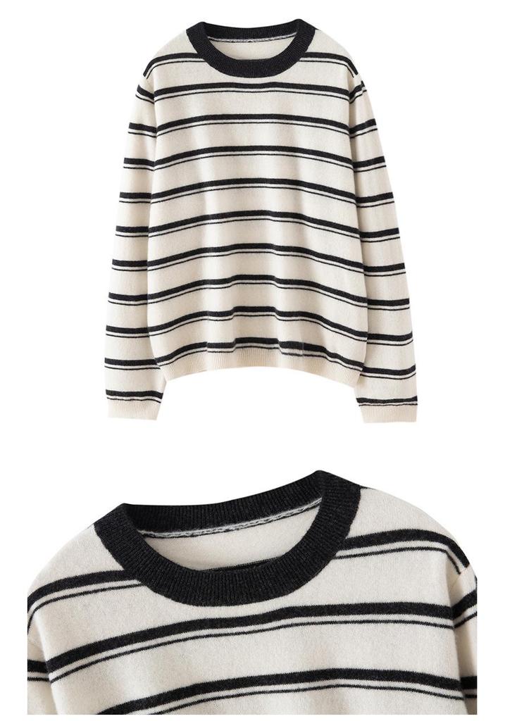 Autumn Winter Retro Stripe 100% Pure Cashmere Round Neck Knit Loose Sweater