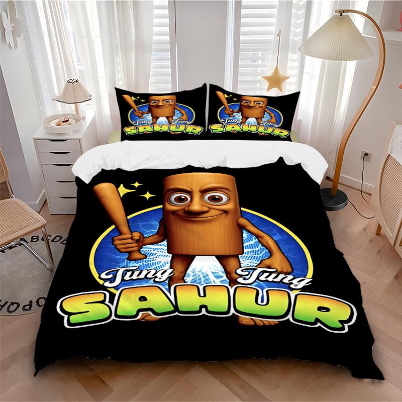 3 шт. Деревянный персонаж Tung Sahur Декор для дома Постельное белье-Универсальный трехсекционный комплект для спальни, гостевой комнаты, гостиной, отеля, праздничный подарок