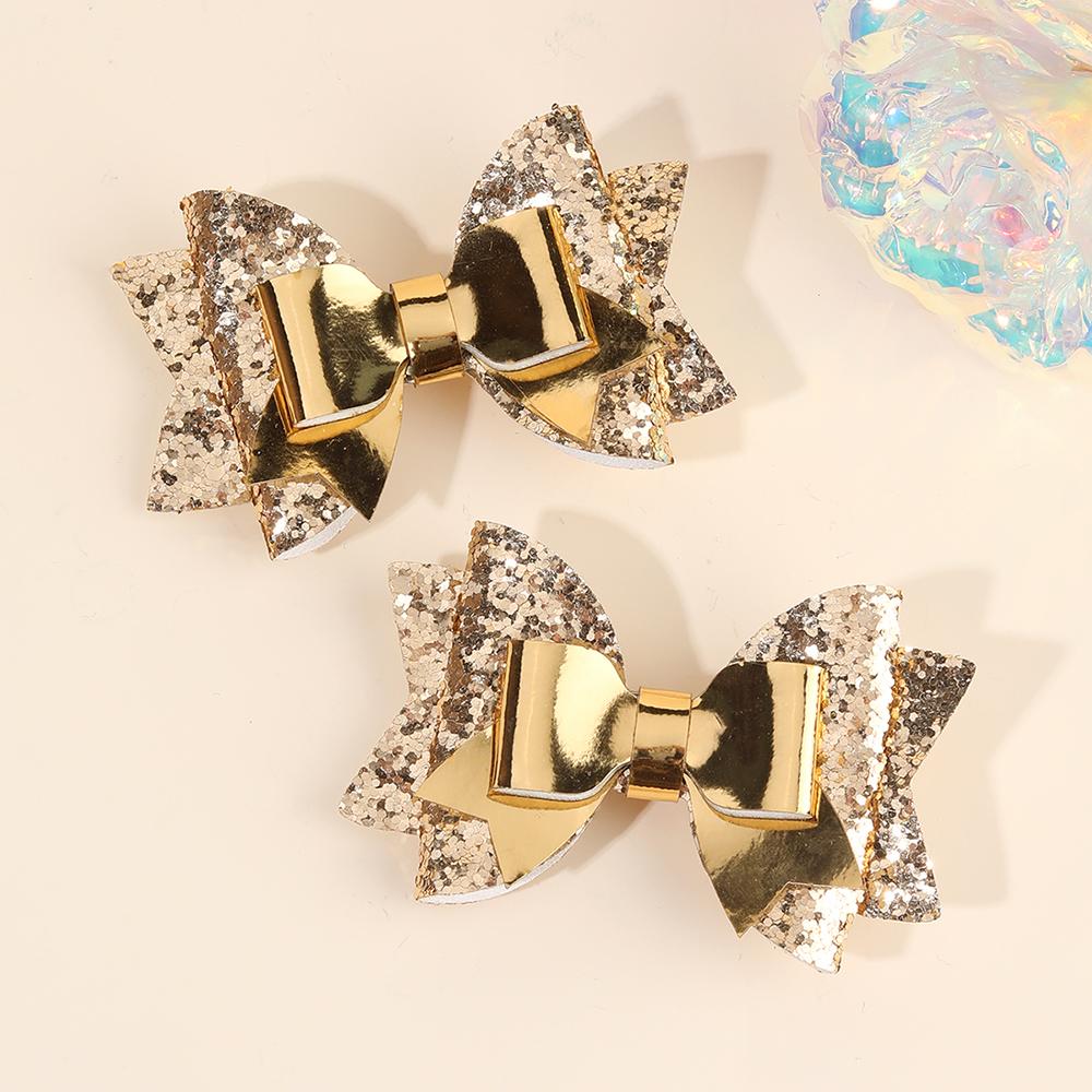 2Pcs Gold Sequin Bow Hair Clip Elegant Sparkly Glitter Leather Hairpin For Baby Girl Children's Daily Hair Headdress Accessories