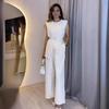 Women's White Sleeveless Wide-Leg Jumpsuit with Belt, Elegant One-Piece Romper