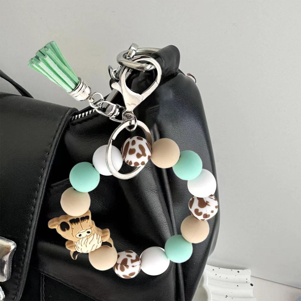 Highland Cow Silicone Tassels Keyring Durable Silicone Beaded Wrist Lanyard with Highland Cow Accent Keychain Pendant