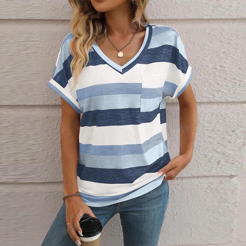 Striped V-neck Bat Sleeve T-Shirt for Women: Cross-border European & American New Spring/Summer Collection