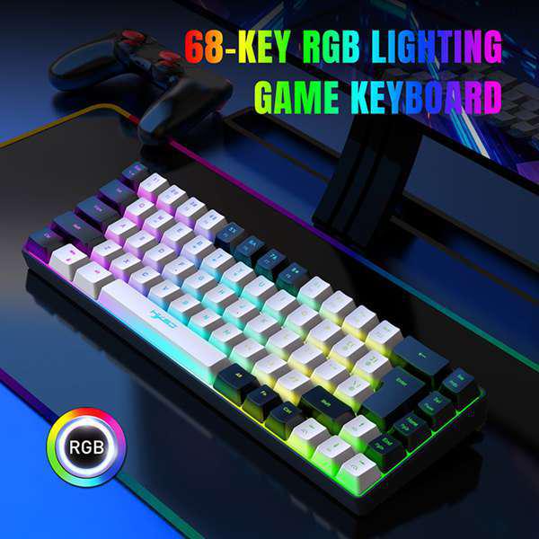 Игровая мембранная клавиатура HXSJ, 68 клавиш, съемный кабель, RGB-подсветка, белый/черный, материал ABS.