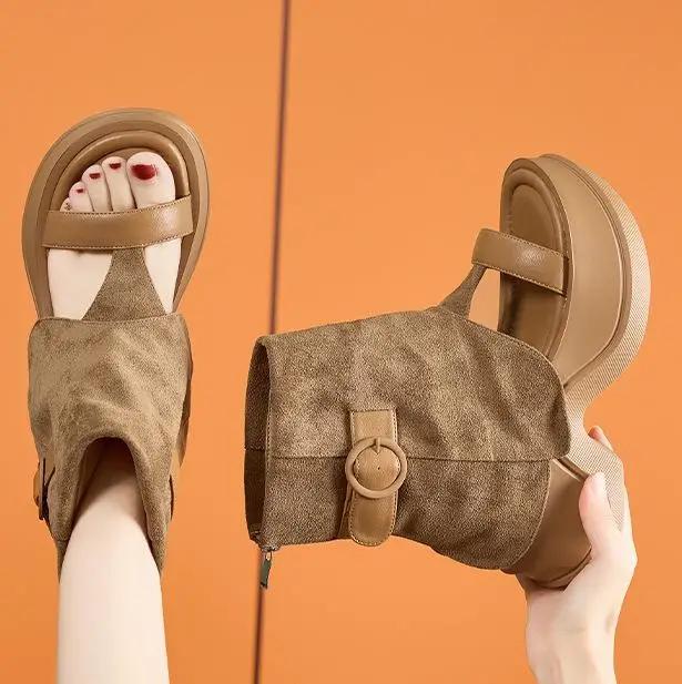 Мода Высокое Качество 8СМ Этническая Микрофибра Кожа Мэри Джейн Ботильоны Сандалии Женские Платформа Танкетка Ажурные Молния Пип То Туфли Лето