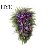 Decorative Hanging Wreath 19.7 Inch Artificial Tulip Teardrop for Front Door Purple Lavender Floral Weatherproof Swag with Green Leaves Wall
