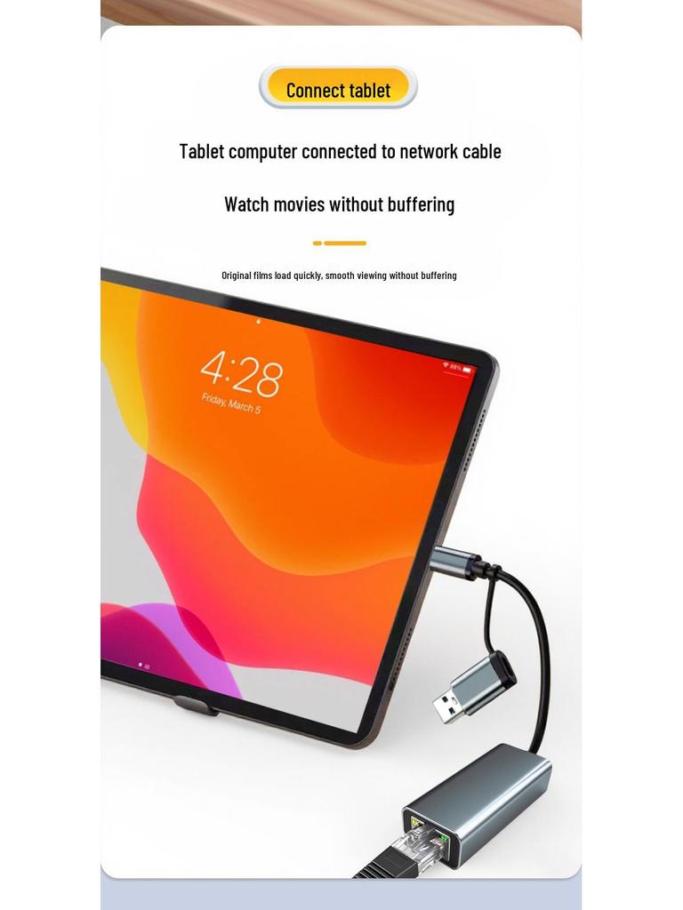 Dual-Head USB Type-C To RJ45 Gigabit Network Card, 100M/1000, Driver-Free