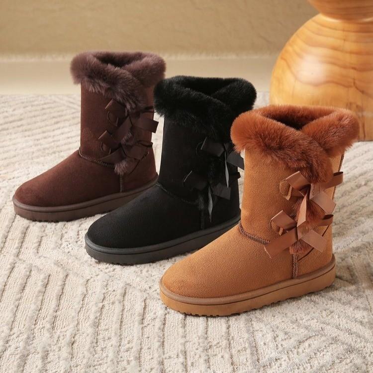 Women Flock Fluffy Suede Snow Boots Cute Butterfly Round Toe Warm Boots Autumn Winter Thick Sole Platform Cotton Shoes