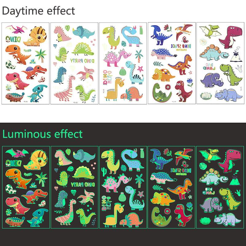 5pcs Luminous Tattoo Stickers Child Kid Temporary Fake Tattoos Glow Paste on Face Arm Leg for Children Body Art Mermaid Dinosaur