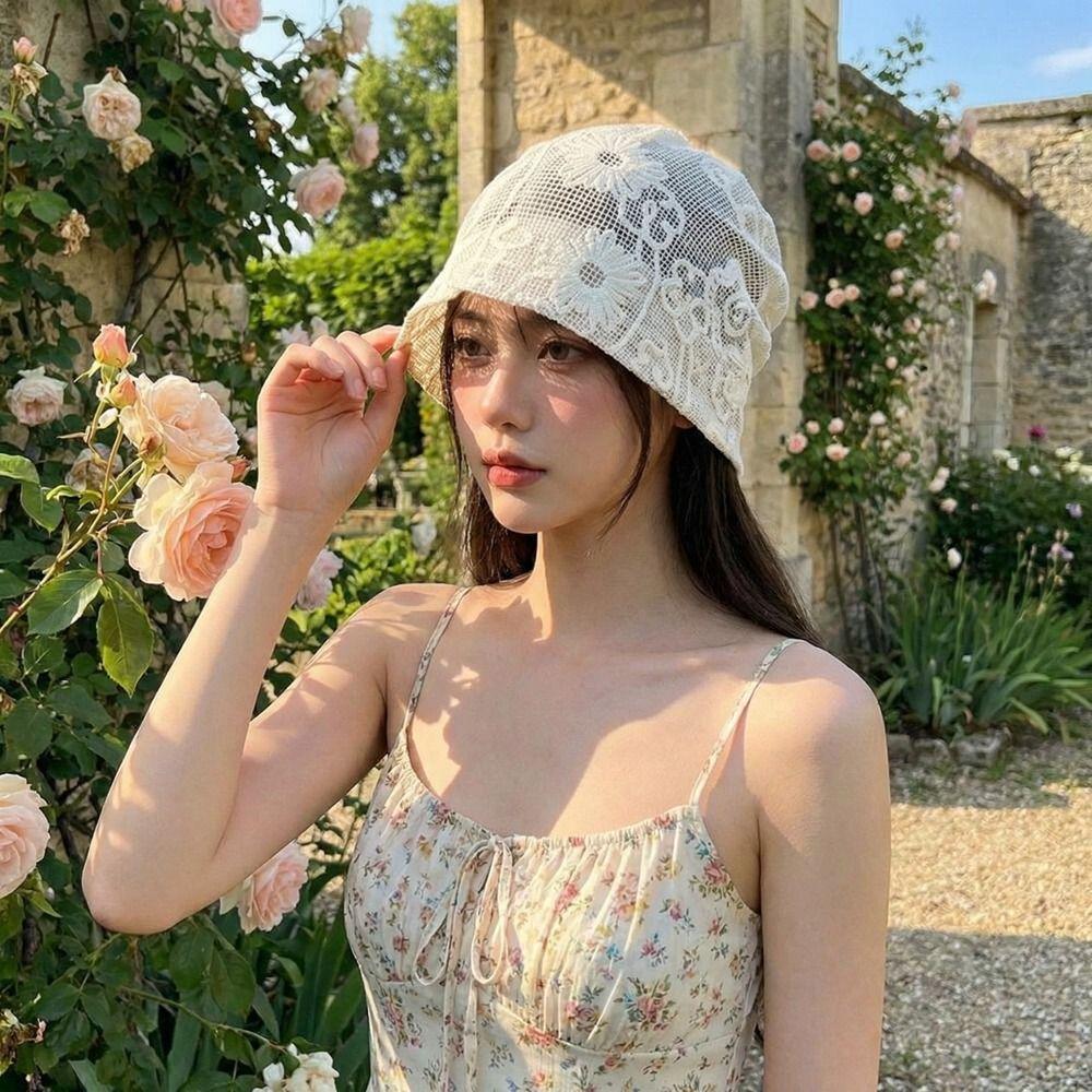 Retro Embroidered Crochet Flower Lace Hat Spicy Girl Thin Hollow Out Beanies Korean Style Breathable Weave Knitted Cap Outdoor
