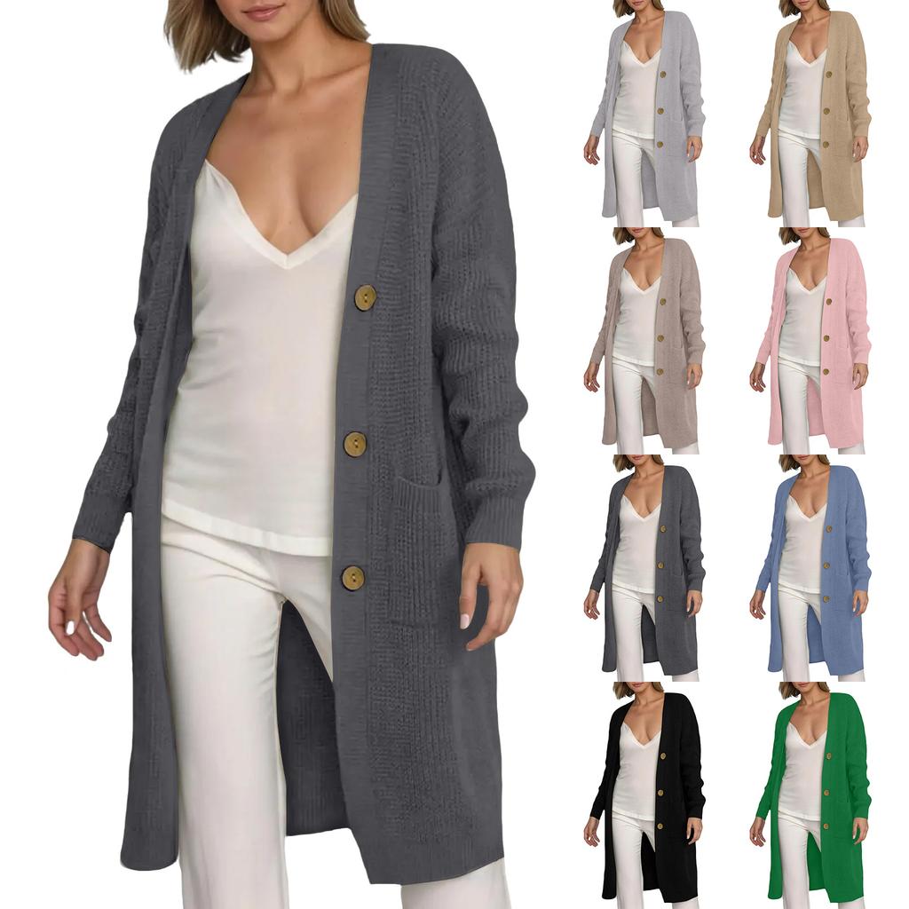 Women's Solid Color Long Sleeved Knee Length Knitted Cardigan, Lazy Trend, Medium Long Hair Jacket