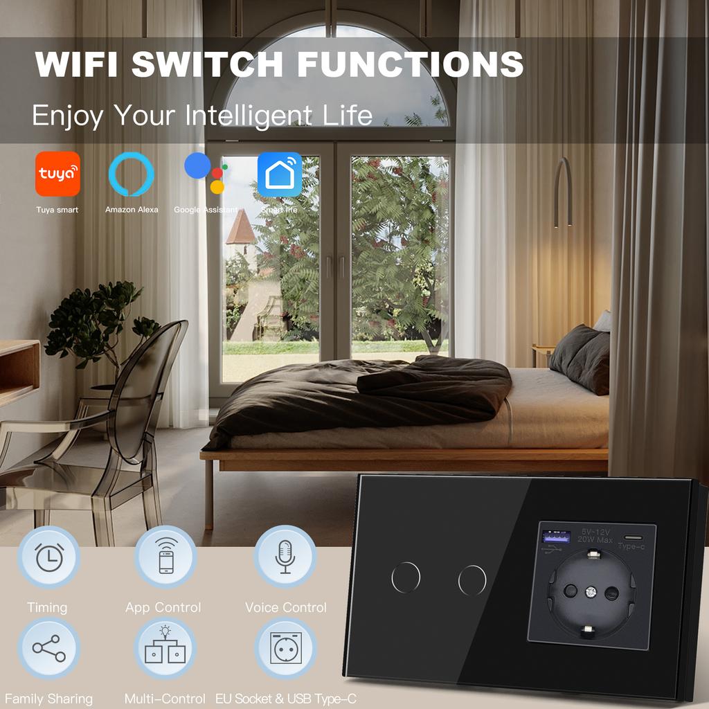 BSEED Wifi 1/2/3-клавишные настенные выключатели, сенсорные панели, управление через приложение Tuya Smart Life, с розетками питания EU, портами USB-C для зарядки 20 Вт