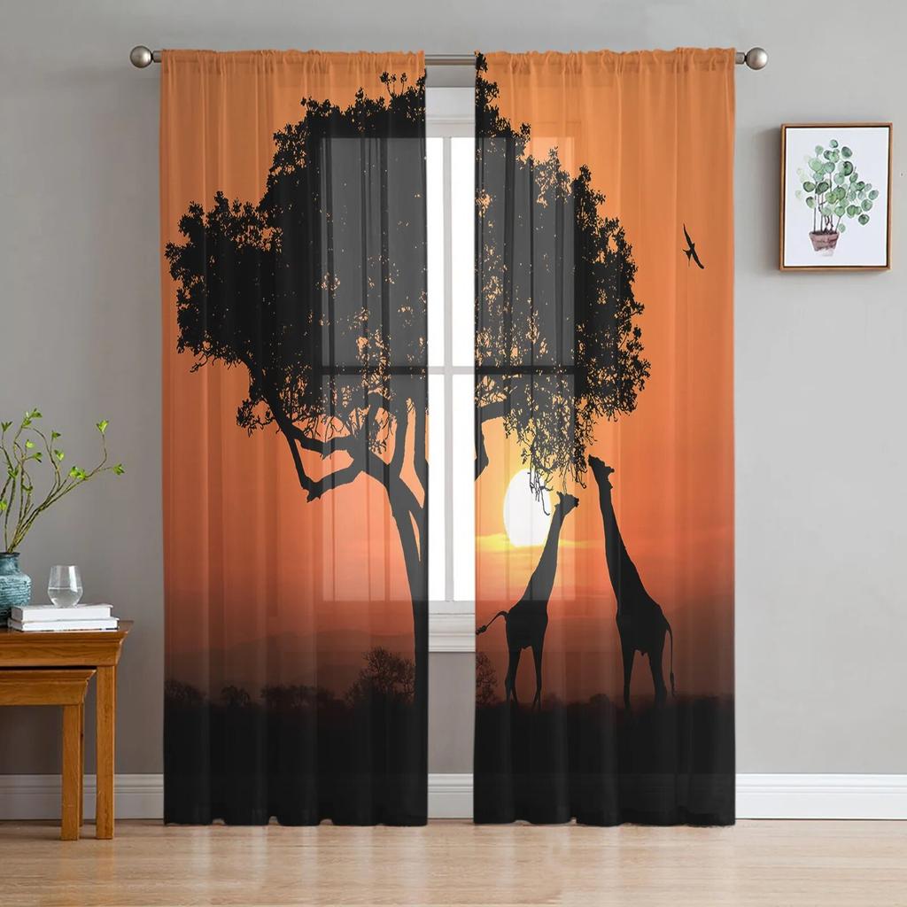 Giraffe Animal Oil Painting Tulle Curtains Balcony Room Fashion Printed Sheer Curtain Living Room Window Modern Decor
