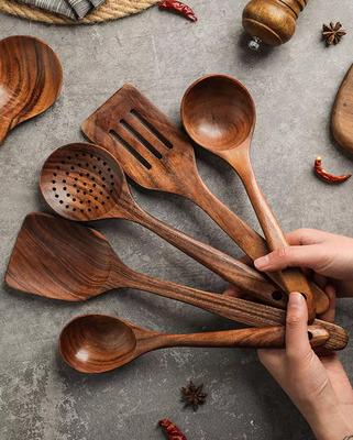 5 шт. Натуральная тиковая кухонная ложка-совок кухонная деревянная лопатка с антипригарным покрытием набор посуды для приготовления пищи с крючками для подвешивания кухонная утварь инструмент