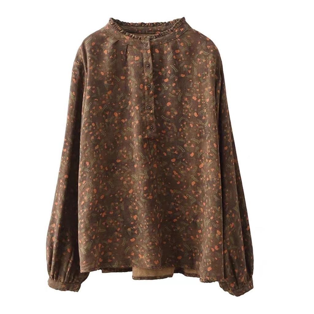 Весенне-осенняя двухслойная хлопковая крашеная пряжа с принтом, женская толстовка с воротником-грибком и цветочным принтом, литературная рубашка с длинными рукавами