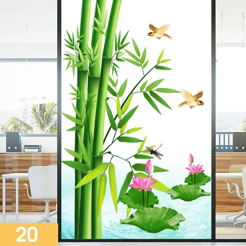 Retro Chinese Style Bamboo Pattern Window Film Green Bamboo Static Cling Glass Stickers Sliding Door Frosted Privacy Window Film