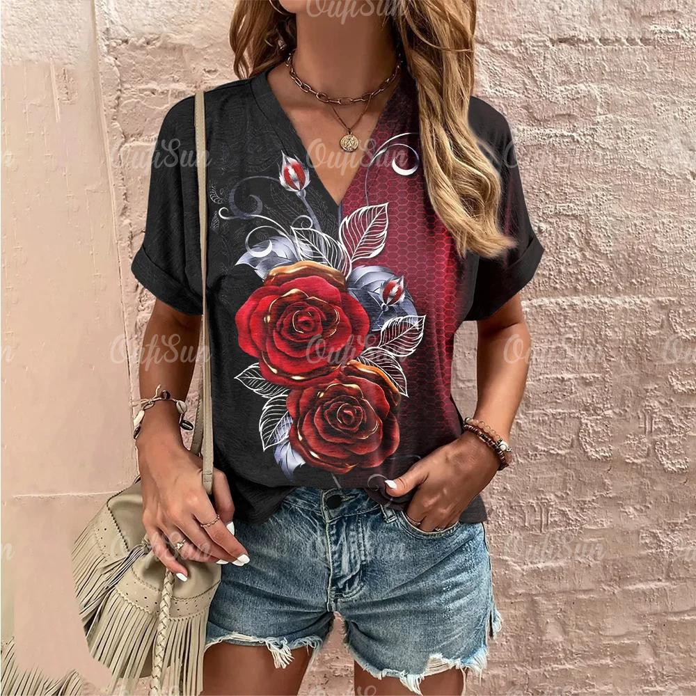 Summer Women Fashion T-shirt Vintage Floral Rose Pattern V-Neck Tops Tees Female Short Sleeve Clothing Ladies Casual Streetwear