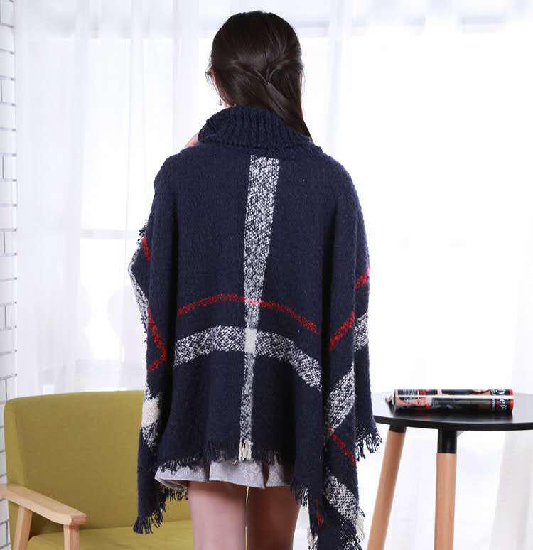 European and American High Neck Plaid Cape - Batwing Sleeve Knitted Pullover Shawl for Women