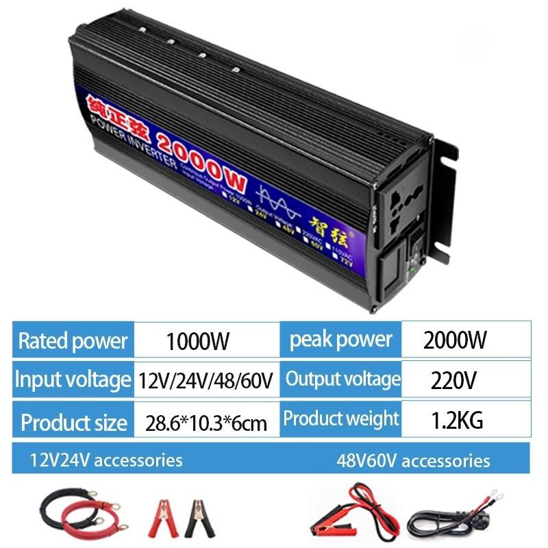 Портативный инвертор солнечной энергии Чистая синусоида DC12V 24V в AC 220V Преобразователь для путешествий, грузовика, автомобиля, бытовой техники