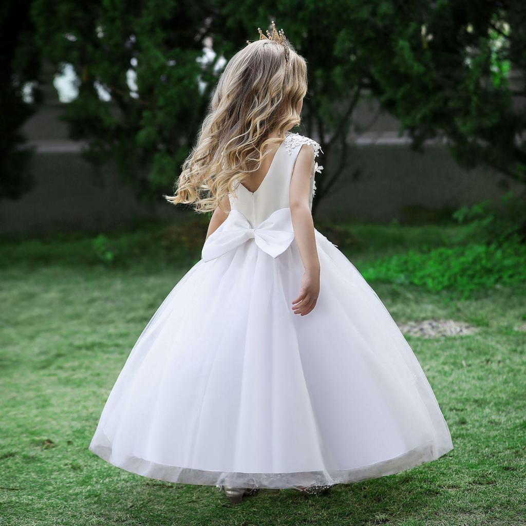 Flower Girls Dress Lace White Bow Girl Dress Christmas Costume Sequins Bridemide Gown Wedding Party Princess Dress for Girls First Communion