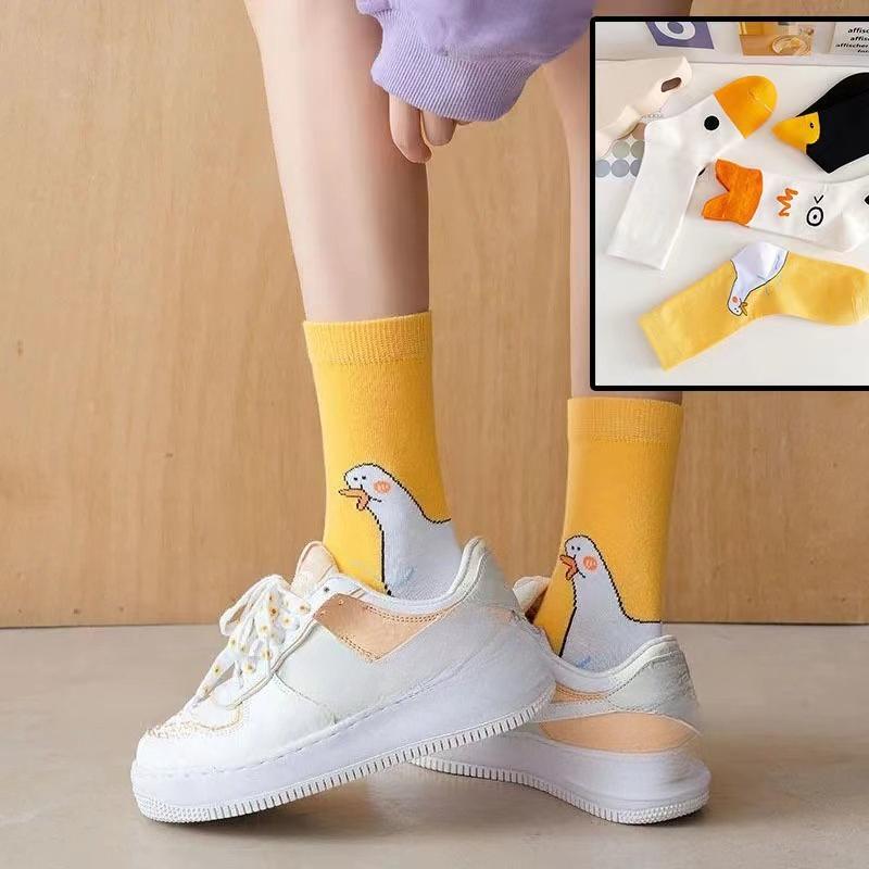 Милые мультяшные носки для пары «Большой белый гусь — маленькая желтая уточка», хлопковые женские длинные носки средней длины, корейские носки в стиле харадзюку
