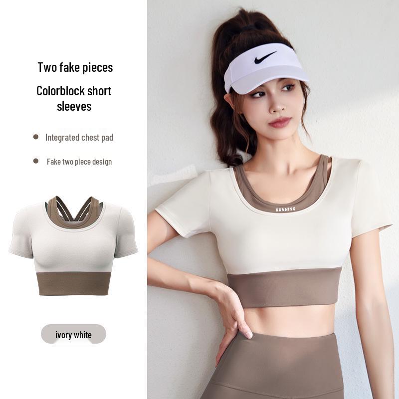 Women's Color Block Two-Piece Short Sleeve Quick-Dry Sports Yoga Top