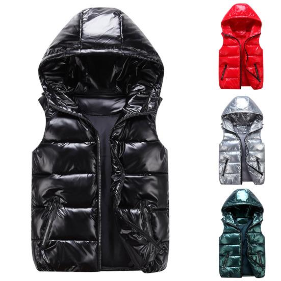 Women Winter Vest Solid Color Hooded Warm Elastic Hem Pockets Bright Color Quilted Vest Waistcoat