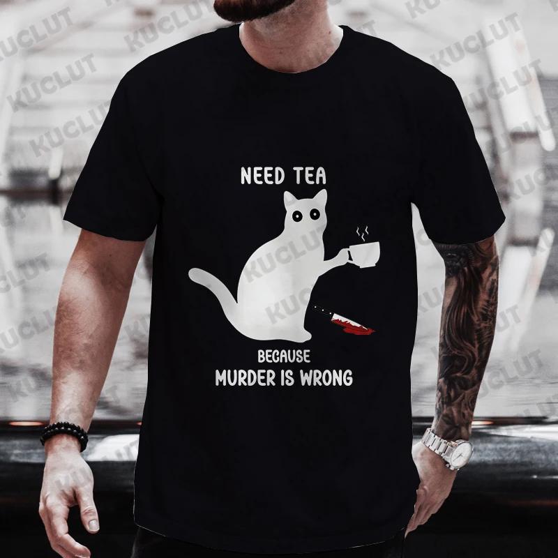 Men's Street Wear Cat Lover Funny Coffee Because Murder Print T-shirt Short Sleeve O-neck Streetwear Summer T Shirts Men