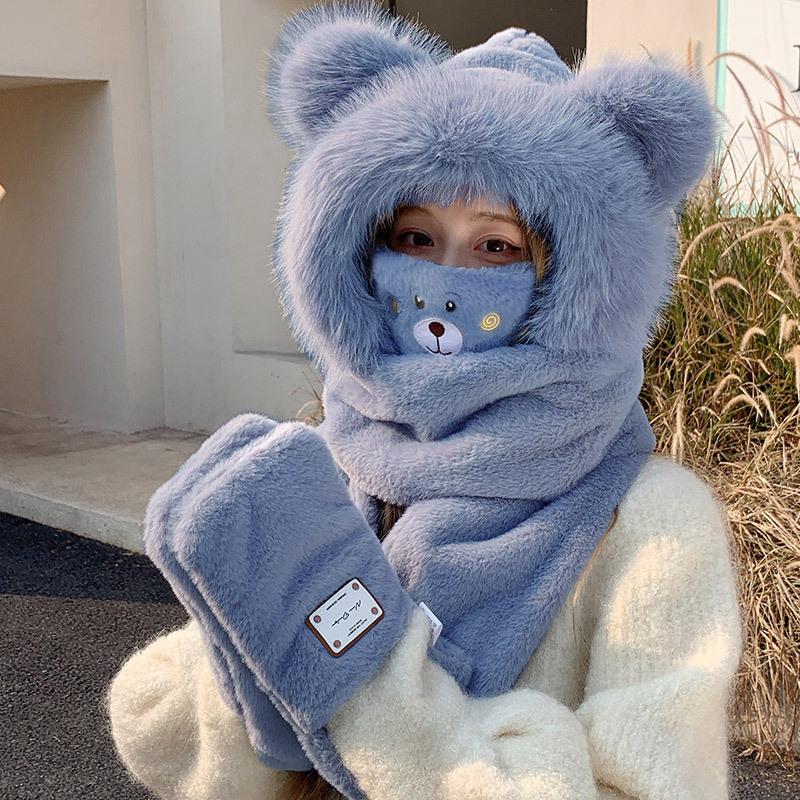 Корейский милый плюшевый комплект из трех предметов для женской осени и зимы Новый шарф, перчатки, шляпа, интегрированная плюс бархатная холодостойкая и теплая шляпа