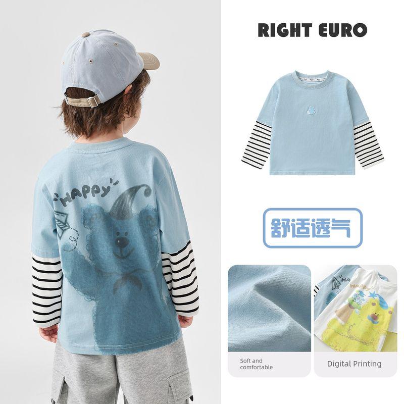 Right European Style Boys' Cloud Cotton Fake Two-Piece Long-Sleeve T-Shirt Spring 2026 New Children's Base Shirt Baby Inner Wear Trendy