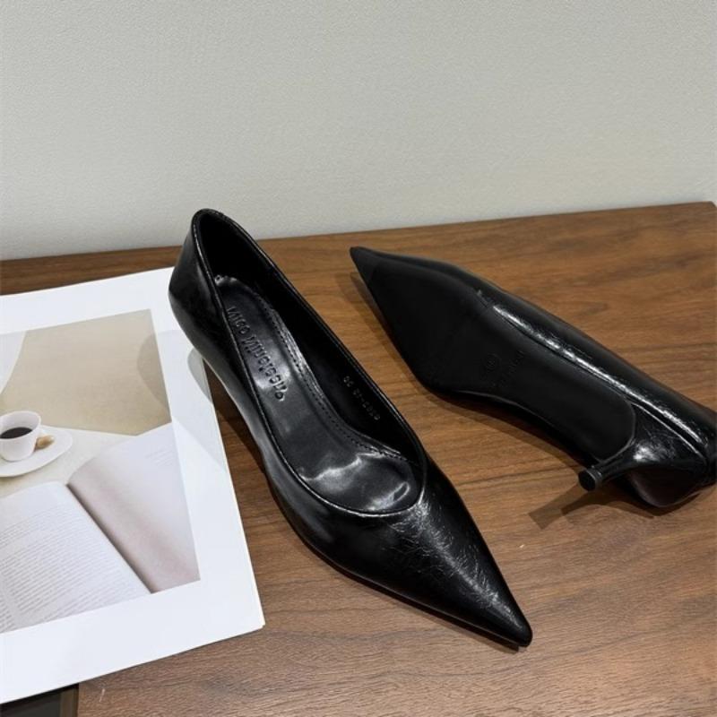 Autumn New Thin Heel Single Shoes Women's Fashion Pointed Head Shallow Mouth Leather Anti-slip Wear-resistant High Heels