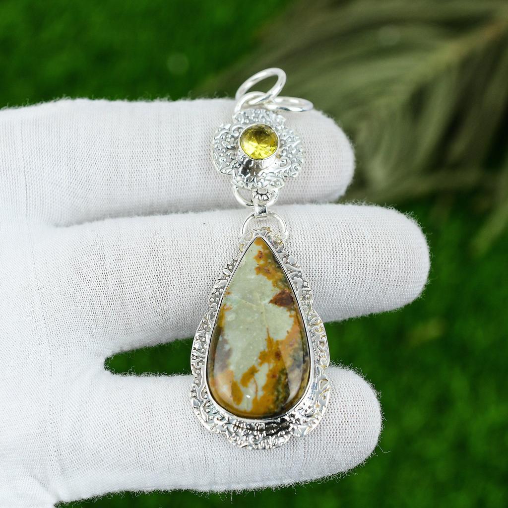 Натуральный полихромный яшмовый драгоценный камень Ювелирное изделие Подвеска из стерлингового серебра 925 пробы для женщин