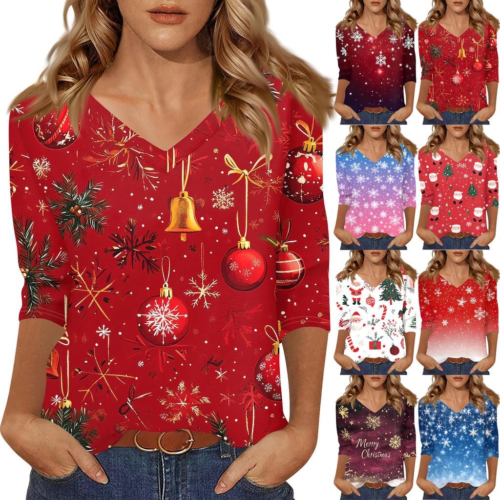 Women's T Shirt CHristmas Print 3/4 Sleeve Daily Weekend Fashion Basic V- Neck Regular Top