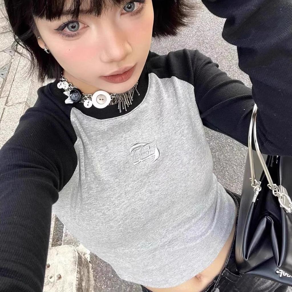 Укороченный топ в стиле гранж в стиле пэчворк, винтажная ребристая футболка с длинными рукавами, корейская модная сексуальная тонкая футболка, уличная одежда 90-х годов, японская