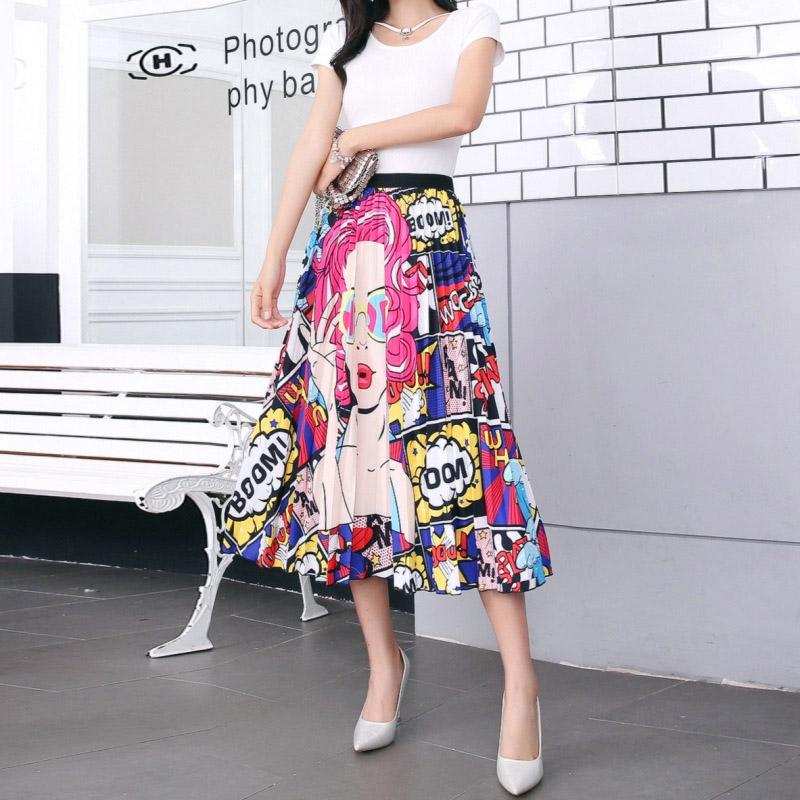 Fashion New Cartoon Print Pleated Skirt For Women Chic Wild High Waist Elastic Skirt Street Wear